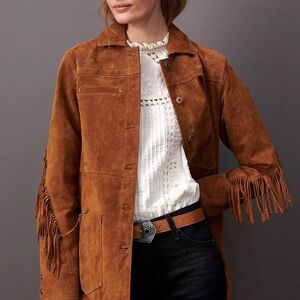NWOT Anthropologie Pilcro Denae Chestnut Brown Suede Leather Fringe Jacket